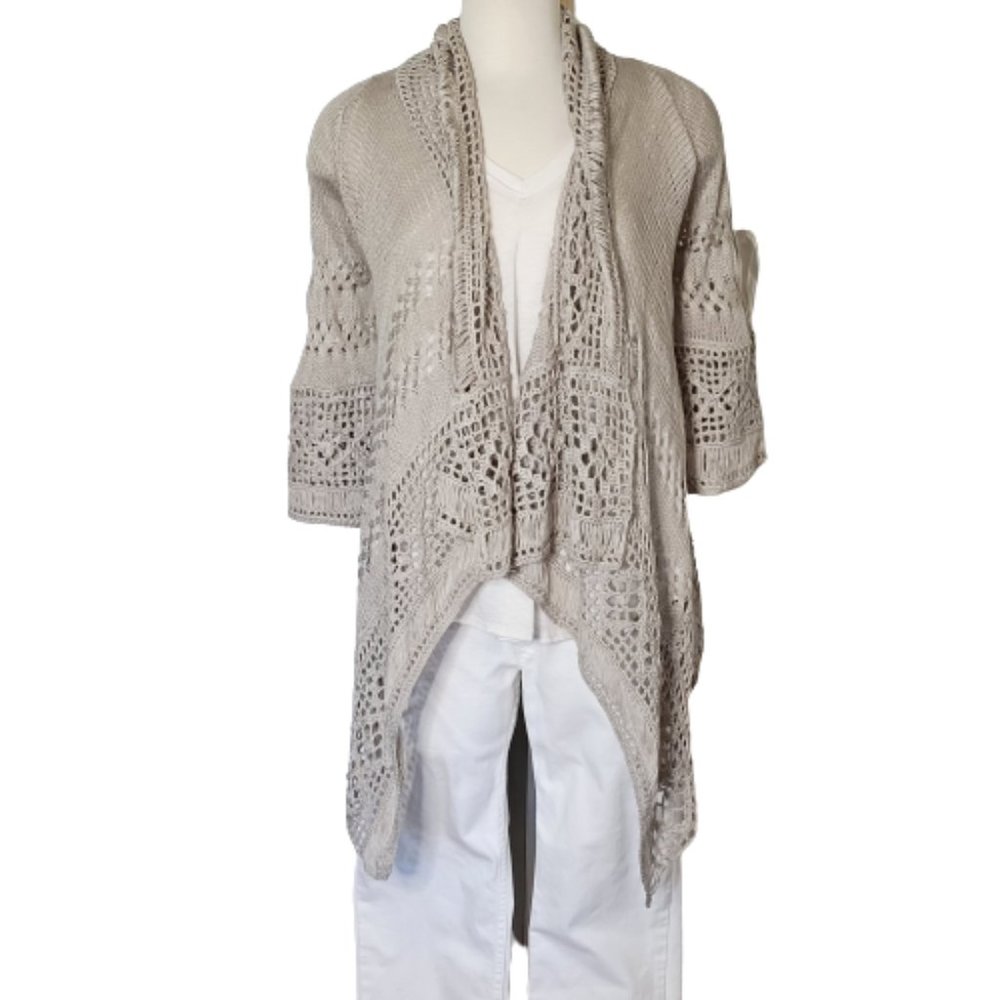 NEW,  M Fredric Super BOHO CHIC Crochet/Knit Cardigan Taupe Size M